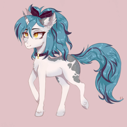 Size: 1500x1500 | Tagged: safe, artist:hysteriana, oc, oc only, oc:evening lake, pony, unicorn, amber eyes, blank flank, blue mane, bow, chest fluff, choker, collar, cute, digital art, ear fluff, eyebrows, female, full body, hair bow, hooves, horn, light skin, long tail, looking up, orange eyes, pink background, ponytail, simple background, smiling, solo, spots, spotted, tail, unshorn fetlocks