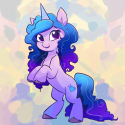 Size: 2048x2048 | Tagged: safe, artist:pfeffaroo, izzy moonbow, pony, unicorn, g5, abstract background, cute, female, high res, horn, izzybetes, looking at you, mare, open mouth, open smile, rearing, smiling, smiling at you, solo, unshorn fetlocks