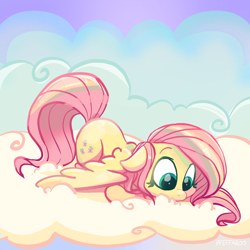 Size: 2048x2048 | Tagged: safe, artist:pfeffaroo, fluttershy, pegasus, pony, g4, cloud, colored eyebrows, cute, eyebrows, female, floppy ears, high res, looking down, lying down, lying on a cloud, mare, on a cloud, outdoors, prone, shyabetes, solo, spread wings, wings