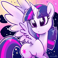 Size: 2048x2048 | Tagged: safe, artist:pfeffaroo, twilight sparkle, alicorn, pony, g4, abstract background, female, frown, high res, horn, mare, solo, sparkles, spread wings, twilight sparkle (alicorn), wings