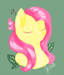 Size: 3500x3000 | Tagged: safe, artist:lunayourlife, fluttershy, pegasus, pony, g4, ear fluff, eyes closed, high res, leaves, notes, pink hair, simple background, solo