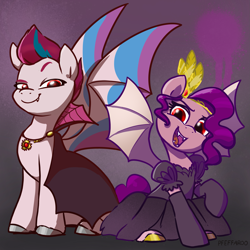 Size: 2155x2155 | Tagged: safe, artist:pfeffaroo, pipp petals, zipp storm, bat pony, pony, undead, vampire, g5, abstract background, adorapipp, adorazipp, bat pipp, bat ponified, bat wings, bat zipp, cape, clothes, colored eyebrows, costume, cute, dress, duo, duo female, eyebrows, fangs, female, halloween, halloween costume, high res, holiday, looking at you, mare, nightmare night, open mouth, pippbat, race swap, royal sisters (g5), siblings, signature, sisters, sitting, spread wings, unshorn fetlocks, wings, zippbat