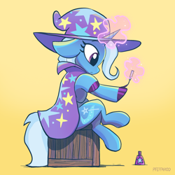 Size: 2048x2048 | Tagged: safe, artist:pfeffaroo, trixie, pony, unicorn, g4, cape, clothes, crate, crossed legs, cute, ears back, female, floppy ears, glowing, glowing horn, gradient background, hat, high res, hoof polish, horn, levitation, magic, magic aura, mare, signature, simple background, sitting, solo, telekinesis, trixie's cape, trixie's hat, wizard hat, yellow background