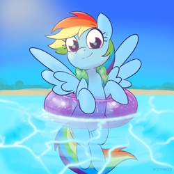 Size: 2048x2048 | Tagged: safe, artist:pfeffaroo, rainbow dash, pegasus, pony, g4, beach, cute, dashabetes, female, floating, happy, high res, inner tube, looking at you, mare, ocean, outdoors, pool toy, signature, smiling, smiling at you, solo, spread wings, summer, water, water wings, wings