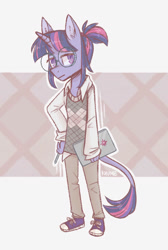 Size: 992x1478 | Tagged: safe, artist:kazunekomori, twilight sparkle, unicorn, anthro, g4, abstract background, alternate design, clothes, glasses, leonine tail, looking at you, notebook, round glasses, signature, solo, tail