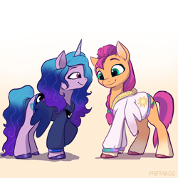 Size: 2136x2136 | Tagged: safe, artist:pfeffaroo, izzy moonbow, sunny starscout, earth pony, pony, unicorn, g5, clothes, colored eyebrows, cute, duo, duo female, eyebrows, fake wings, female, high res, hoodie, horn, izzybetes, looking at someone, mare, princess celestia's cutie mark, princess luna's cutie mark, signature, smiling, sunnybetes, unshorn fetlocks