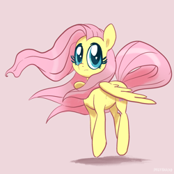 Size: 2048x2048 | Tagged: safe, artist:pfeffaroo, fluttershy, pegasus, pony, g4, cute, female, high res, looking at you, mare, partially open wings, pink background, shadow, shyabetes, simple background, solo, tail, three quarter view, windswept mane, windswept tail, wings