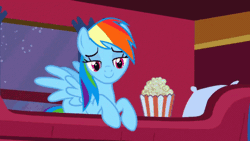 Size: 498x280 | Tagged: safe, screencap, rainbow dash, pegasus, pony, g4, over a barrel, season 1, animated, blinking, burn, burning, female, fire, food, frown, gif, implied spike, mare, night, popcorn, smiling, solo, spread wings, stars, teeth, train, wings