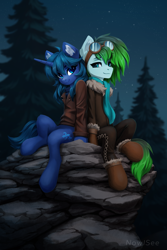 Size: 1600x2400 | Tagged: safe, artist:inowiseei, oc, oc only, oc:arclight, oc:gryph xander, pegasus, pony, unicorn, bomber jacket, clothes, colored ear fluff, duo, female, jacket, male, mare, pants, sitting, stallion