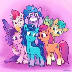 Size: 2048x2048 | Tagged: safe, artist:pfeffaroo, hitch trailblazer, izzy moonbow, misty brightdawn, pipp petals, sparky sparkeroni, sunny starscout, zipp storm, dragon, earth pony, pegasus, pony, unicorn, g5, adorapipp, adorazipp, baby, baby dragon, backwards cutie mark, cellphone, colored eyebrows, colored wings, crown, cute, eye clipping through hair, eye contact, eyebrows, eyebrows visible through hair, female, folded wings, gradient background, gradient hooves, gradient wings, grin, group, heartwarming, high res, hitchbetes, horn, izzybetes, jewelry, looking at each other, looking at someone, male, mane five, mane seven (g5), mane six (g5), mare, mistybetes, open mouth, open smile, phone, regalia, royal sisters (g5), septet, siblings, signature, sisters, sitting, smartphone, smiling, smiling at each other, sparkly eyes, sparkybetes, spread wings, stallion, starry eyes, sunnybetes, toothy grin, unshorn fetlocks, wall of tags, wholesome, wingding eyes, wings