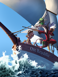 Size: 3543x4724 | Tagged: safe, artist:28gooddays, discord, oc, draconequus, pony, g4, absurd resolution, baseball bat, boat, clothes, flag, hat, ocean, robe, sword, water, weapon