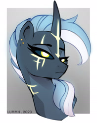 Size: 1520x1943 | Tagged: safe, artist:lummh, oc, oc only, oc:appolonia, pony, unicorn, bust, closed mouth, dark sclera, ear piercing, earring, facial markings, female, frown, glowing, glowing eyes, gradient background, gradient horn, gray background, horn, jewelry, lidded eyes, mare, pale belly, passepartout, piercing, simple background, solo, unicorn oc, yellow eyes