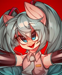 Size: 1706x2048 | Tagged: safe, artist:minekoo2, earth pony, pony, anime, bust, clothes, female, hatsune miku, mare, open mouth, open smile, ponified, smiling, solo, vocaloid