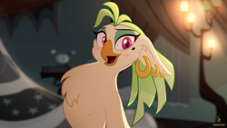 Size: 1920x1080 | Tagged: safe, artist:zidanemina, captain celaeno, avian, bird, ornithian, anthro, g4, my little pony: the movie, bed, dim light, ear piercing, earring, jewelry, looking at you, nudity, piercing, pink eyes, smiling, solo, suggestive description