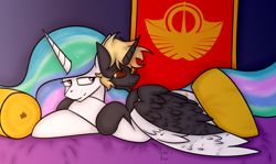 Size: 3575x2132 | Tagged: safe, artist:ashel_aras, princess celestia, oc, oc:delta solaris, unnamed oc, alicorn, pony, g4, alicorn oc, bed, canon x oc, commission, duo, duo male and female, emblem, female, high res, horn, looking at each other, looking at someone, lying down, male, mare, on bed, pillow, prone, shipping, signature, sketch, smiling, smiling at each other, solar empire, stallion, straight, wings