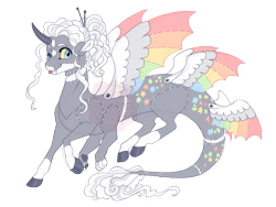 Size: 3600x2700 | Tagged: safe, artist:gigason, oc, oc:stitcheroo, draconequus, ;p, blue eyes, chopsticks in hair, cloven hooves, coat markings, colored hooves, colored sclera, colored wings, draconequus oc, facial markings, female, hair bun, high res, hybrid wings, interspecies offspring, magical threesome spawn, mealy mouth (coat marking), multicolored wings, multiple limbs, multiple wings, obtrusive watermark, offspring, one eye closed, parent:discord, parent:oc:blanket stitch, parent:oc:misumena, paws, rainbow wings, simple background, six legs, socks (coat markings), solo, star (coat marking), stitched body, stitches, tongue out, transparent background, watermark, wings, wink, yellow sclera