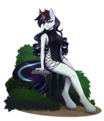 Size: 2400x2800 | Tagged: safe, artist:enderbee, oc, unicorn, anthro, unguligrade anthro, anthro oc, black dress, breasts, bush, clothes, colored horn, curly hair, curved horn, dress, female, full body, hand, high res, hooves, horn, looking at you, not coloratura, simple background, sitting, smiling, smiling at you, solo, sombra horn, transparent background