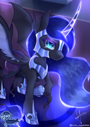 Size: 3533x5000 | Tagged: safe, artist:orion_illustrates, nightmare moon, alicorn, pony, g4, alternate cutie mark, armor, bat wings, concave belly, cyan eyes, detailed background, female, glowing, glowing eyes, glowing horn, glowing mane, helmet, hoof shoes, horn, looking at you, mare, peytral, princess shoes, redesign, slit pupils, solo, spread wings, wings