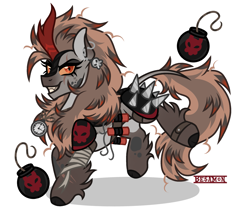 Size: 1957x1654 | Tagged: safe, artist:besamon, kirin, fallout equestria, g4, armor, bomb, commission, dirty, dynamite, explosives, fluffy mane, jumping, raider, red eyes, scar, skull, solo, vector, weapon