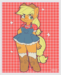 Size: 1249x1547 | Tagged: safe, artist:cosmiccrayons, part of a set, applejack, earth pony, anthro, g4, bandaid, blush sticker, blushing, boots, ear piercing, female, piercing, shoes, solo
