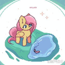Size: 1400x1400 | Tagged: safe, artist:miryelis, fluttershy, fish, pegasus, pony, g4, animated, cute, female, gif, ibispaint x, mare, pixel art, shyabetes, simple background, solo, sparkles, standing, water