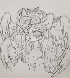 Size: 1152x1280 | Tagged: safe, artist:starkey, oc, oc only, unnamed oc, pegasus, pony, chest fluff, crying, dark eyes, ear fluff, female, long mane, mare, multiple wings, nimbus, open mouth, pegasus oc, sadness, slit pupils, solo, spread wings, traditional art, wings