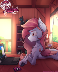 Size: 4000x5000 | Tagged: safe, artist:orion_illustrates, oc, oc:coral cloudbloom, pegasus, pony, comic:tales of the unseen, bed, cellphone, computer, detailed background, female, folded wings, jewelry, laptop computer, lying down, necklace, phone, solo, wings