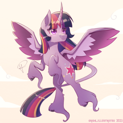 Size: 5000x5000 | Tagged: safe, artist:orion_illustrates, twilight sparkle, alicorn, pony, g4, female, flying, leonine tail, long tail, solo, spread wings, tail, twilight sparkle (alicorn), unshorn fetlocks, wings