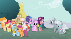 Size: 1597x886 | Tagged: artist needed, safe, apple bloom, cookie crumbles, diamond tiara, pear butter, scootaloo, silver spoon, silverspeed, spoiled rich, sweetie belle, windy whistles, earth pony, pegasus, pony, unicorn, g4, adopted, adopted offspring, cute, cutealoo, cutie mark crusaders, female, filly, foal, glasses, grin, headcanon, headcanon in the description, jewelry, mama silverspeed, mare, mother and child, mother and daughter, necklace, one eye closed, open mouth, open smile, parent:cookie crumbles, parent:pear butter, parent:silverspeed, parent:spoiled rich, parent:windy whistles, pearl necklace, ponyville, scootadoption, scootalove, silverbetes, smiling, spread wings, tiara, windybetes, wings, wink