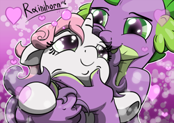 Size: 1748x1236 | Tagged: safe, artist:rainihorn, spike, sweetie belle, dragon, pony, unicorn, g4, 2016, female, heart, looking at each other, looking at someone, male, old art, ship:spikebelle, shipping, straight