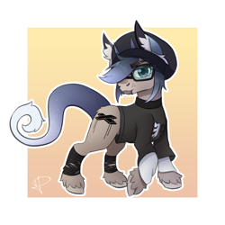 Size: 5000x5000 | Tagged: safe, artist:orion_illustrates, oc, earth pony, pony, art trade, cap, clothes, glasses, hat, horns, male, nose piercing, piercing, shirt, simple background, solo, sweater