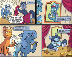 Size: 1604x1262 | Tagged: safe, artist:abby bulmer, idw, official comic, fet lockland, earth pony, pony, g5, spoiler:comic, spoiler:g5, spoiler:g5comic, spoiler:g5comic05, bits, female, future, jewelry, magic mirror, male, mare, mirror, mirror of mayhem, reflection, ring, stallion, unnamed character, unnamed pony, wedding ring, wedding veil