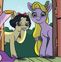 Size: 782x801 | Tagged: safe, edit, idw, official comic, pipp petals, earth pony, pegasus, pony, g5, spoiler:comic, spoiler:g5, spoiler:g5comic, spoiler:g5comic09, bow, cameo, cropped, disney, disney princess, female, flower, flower in hair, g5 collapse of disney, hair bow, headband, hoof over mouth, mare, offscreen character, pixar, ponified, rapunzel, reference, snow white, snow white and the seven dwarfs, sparkles, sparkly eyes, tangled (disney), unnamed character, unnamed pony, wingding eyes