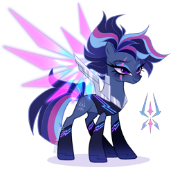 Size: 1458x1451 | Tagged: safe, artist:gihhbloonde, oc, oc only, unnamed oc, earth pony, pony, adoptable, augmented wings, boots, closed mouth, clothes, colored wings, earth pony oc, eye scar, eyeshadow, facial scar, female, glowing, glowing wings, gradient wings, lightly watermarked, magical lesbian spawn, makeup, mare, multicolored wings, offspring, parent:rainbow dash, parent:tempest shadow, parents:tempestdash, purple eyes, scar, scarred, shoes, simple background, smiling, solo, spread wings, standing, transparent background, vest, watermark, wings