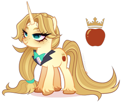Size: 2322x1949 | Tagged: safe, artist:gihhbloonde, oc, oc only, unnamed oc, pony, unicorn, adoptable, bowtie, closed mouth, collar, colored hooves, female, freckles, horn, lidded eyes, lightly watermarked, long mane, long tail, mare, offspring, parent:applejack, parent:prince blueblood, parents:bluejack, ponytail, simple background, smiling, solo, standing, tail, teal eyes, transparent background, unicorn oc, unshorn fetlocks, watermark