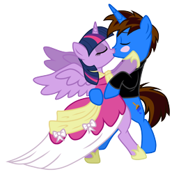 Size: 3586x3632 | Tagged: safe, artist:shieldwingarmorofgod, twilight sparkle, oc, alicorn, pony, unicorn, g4, canon x oc, clothes, coronation dress, dancing, dress, eyes closed, female, high res, kissing, male, mare, simple background, stallion, straight, transparent background, twilight sparkle (alicorn)