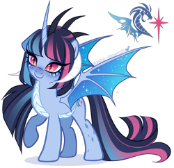 Size: 1568x1520 | Tagged: safe, artist:gihhbloonde, oc, oc only, unnamed oc, dracony, dragon, hybrid, adoptable, closed mouth, colored wings, curved horn, dracony alicorn, dracony oc, dragon wings, female, gradient mane, gradient tail, gradient wings, horn, interspecies offspring, lightly watermarked, long tail, magenta eyes, magical lesbian spawn, mare, multiple horns, offspring, pale belly, parent:princess ember, parent:twilight sparkle, parents:emberlight, raised hoof, simple background, slit pupils, smiling, solo, sparkly wings, spread wings, standing, tail, transparent background, watermark, wings