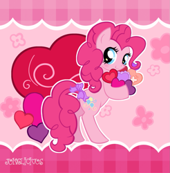 Size: 965x981 | Tagged: safe, artist:junglicious64, pinkie pie, earth pony, pony, g4, balloonbutt, bow, butt, female, flower, heart, holiday, looking back, mare, solo, standing, tail, tail bow, valentine, valentine's day