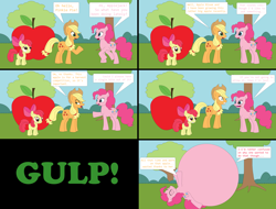 Size: 4014x3043 | Tagged: safe, artist:yourthecuttestfoxes, apple bloom, applejack, pinkie pie, earth pony, pony, g4, apple, apple bloom's bow, belly, big belly, bloomprey, bow, comic, dialogue, eating, female, filly, filly prey, foal, food, giant apple, gulp, hair bow, huge belly, impossibly large belly, mare, mare pred, mare prey, pinkie pred, preybloom, preyjack, tree, vore
