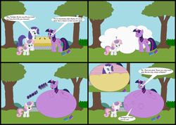 Size: 4330x3078 | Tagged: safe, artist:yourthecuttestfoxes, rarity, sweetie belle, twilight sparkle, alicorn, pony, unicorn, g4, accidental vore, belly, belly bed, book, comic, dialogue, eating, female, filly, foal, food, impossibly large belly, internal, mare, mare pred, mare prey, pie, question mark, rariprey, siblings, sisters, speech bubble, traumatized, tree, twilight sparkle (alicorn), twipred, vore