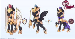 Size: 1277x672 | Tagged: safe, artist:orion_illustrates, earth pony, pegasus, pony, unicorn, comic:tales of the unseen, g4, armor, cloak, clothes, concept art, helmet, redesign, royal guard, shield, slender, spear, spread wings, thin, weapon, wings