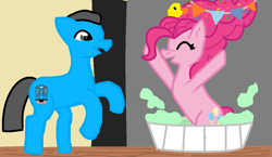 Size: 1067x618 | Tagged: safe, artist:izzysingz, pinkie pie, oc, oc:william, earth pony, pony, g4, bath, female, male, rubber duck, surprised