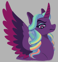 Size: 900x970 | Tagged: safe, artist:flightless-fox, opaline arcana, alicorn, pony, g5, alternate mane color, curved horn, gray background, horn, simple background, solo