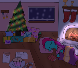 Size: 1989x1748 | Tagged: safe, artist:php176, derpibooru exclusive, jazz hooves, earth pony, pony, g5, blanket, book, christmas, christmas eve, christmas lights, christmas pajamas, christmas stocking, christmas tree, clothes, cookie, eyes closed, female, fire, fireplace, food, holiday, hoof polish, implied santa, jazz has no ears, log, mare, medal, milk, muffin, no ears, note, open mouth, pajamas, paper, pillow, present, sleeping, snow, snowfall, solo, text, tree, trophy, window
