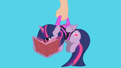 Size: 3840x2160 | Tagged: safe, alternate character, alternate version, artist:duran301, twilight sparkle, alicorn, pony, series:pack a pony, g4, blue background, book, carrying, hand, high res, magic, offscreen character, simple background, solo, telekinesis, twilight sparkle (alicorn)