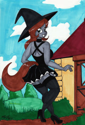 Size: 1280x1881 | Tagged: safe, artist:newyorkx3, oc, oc only, oc:casey, earth pony, anthro, clothes, cottage, female, garter belt, garters, grin, halloween, hat, high heels, holiday, implied tail hole, looking at you, looking back, looking back at you, looking over shoulder, miniskirt, shoes, skirt, smiling, smiling at you, socks, solo, tail, thigh highs, traditional art, witch, witch hat