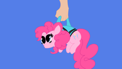Size: 3840x2160 | Tagged: safe, alternate character, alternate version, artist:duran301, pinkie pie, earth pony, pony, series:pack a pony, g4, blue background, carrying, hand, high res, offscreen character, simple background, solo