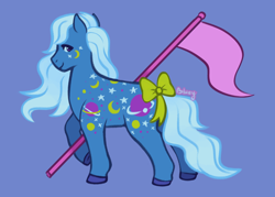 Size: 1280x914 | Tagged: safe, artist:flightless-fox, night glider (g1), earth pony, pony, g1, blue background, bow, flag, ponytober, simple background, solo, tail, tail bow