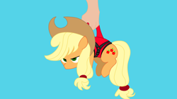 Size: 3840x2160 | Tagged: safe, alternate character, alternate version, artist:duran301, applejack, earth pony, pony, series:pack a pony, g4, blue background, carrying, hand, high res, offscreen character, simple background, solo