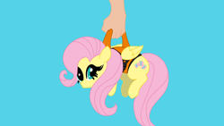 Size: 3840x2160 | Tagged: safe, alternate character, alternate version, artist:duran301, fluttershy, pegasus, pony, series:pack a pony, g4, blue background, carrying, hand, high res, offscreen character, simple background, solo